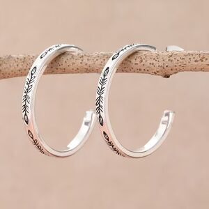 Silver Floral Etched Skinny Hoop Earrings 1" Thin Round Carved Fashion Retro New